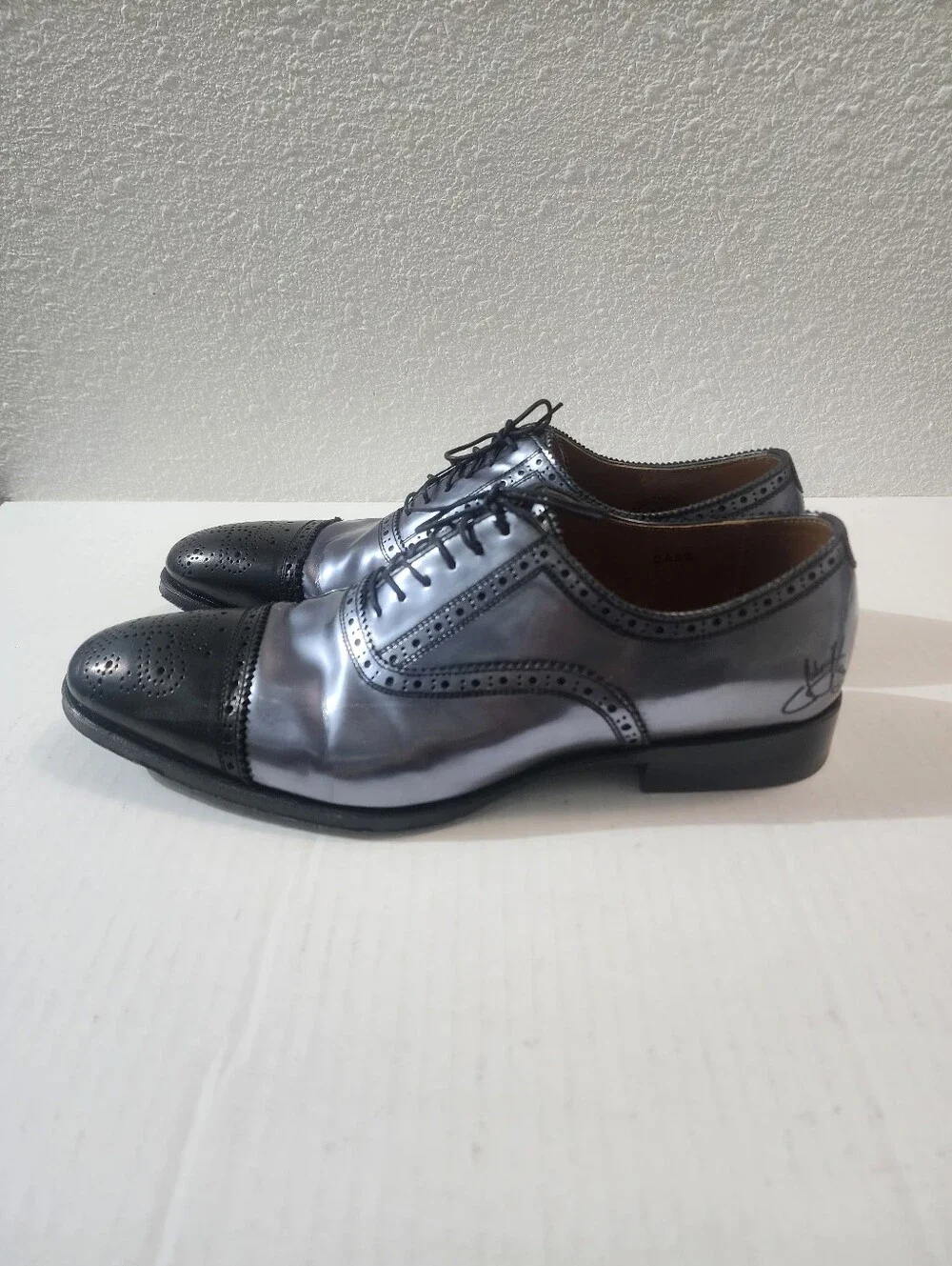 John Fluevog Brandenburg Metallic Black Leather Dress Brogue Oxford Shoes 11